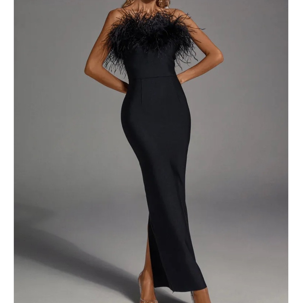 Naomi black feather tassel maxi dress